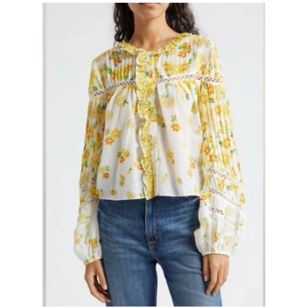 Farm Rio Azaleia Off White Floral Ruffle Lace Trim Blouse Top S Boho Cottagecore